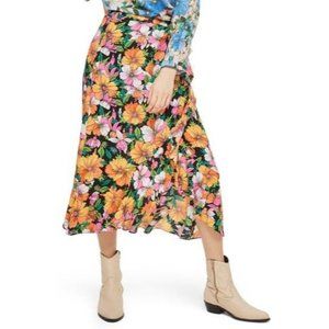 NWT Topshop Heavy Petal Print Midi Skirt 10 Ruffled Black Multi
